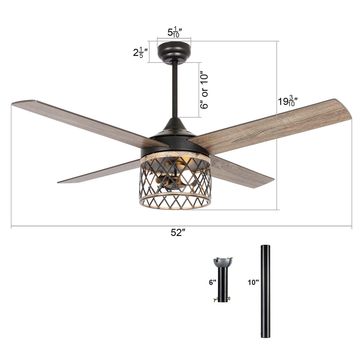 Rustic black ceiling fan with woodgrain reversible blades and industrial lighting design with dimensions and downrod sizes