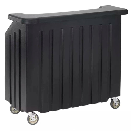 54-inch black polyethylene portable bar with built-in ice sink, speed rail, and storage compartments.