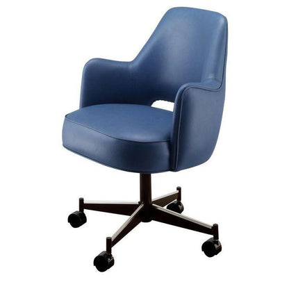 Upholstered swivel club chair with cut-out back and a chrome five-spoke pedestal base.