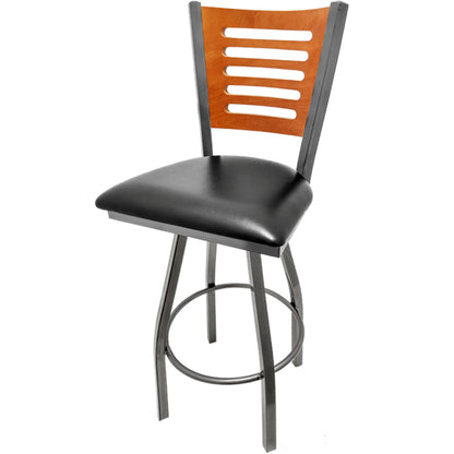 Cherry finish wood back barstool with black vinyl seat