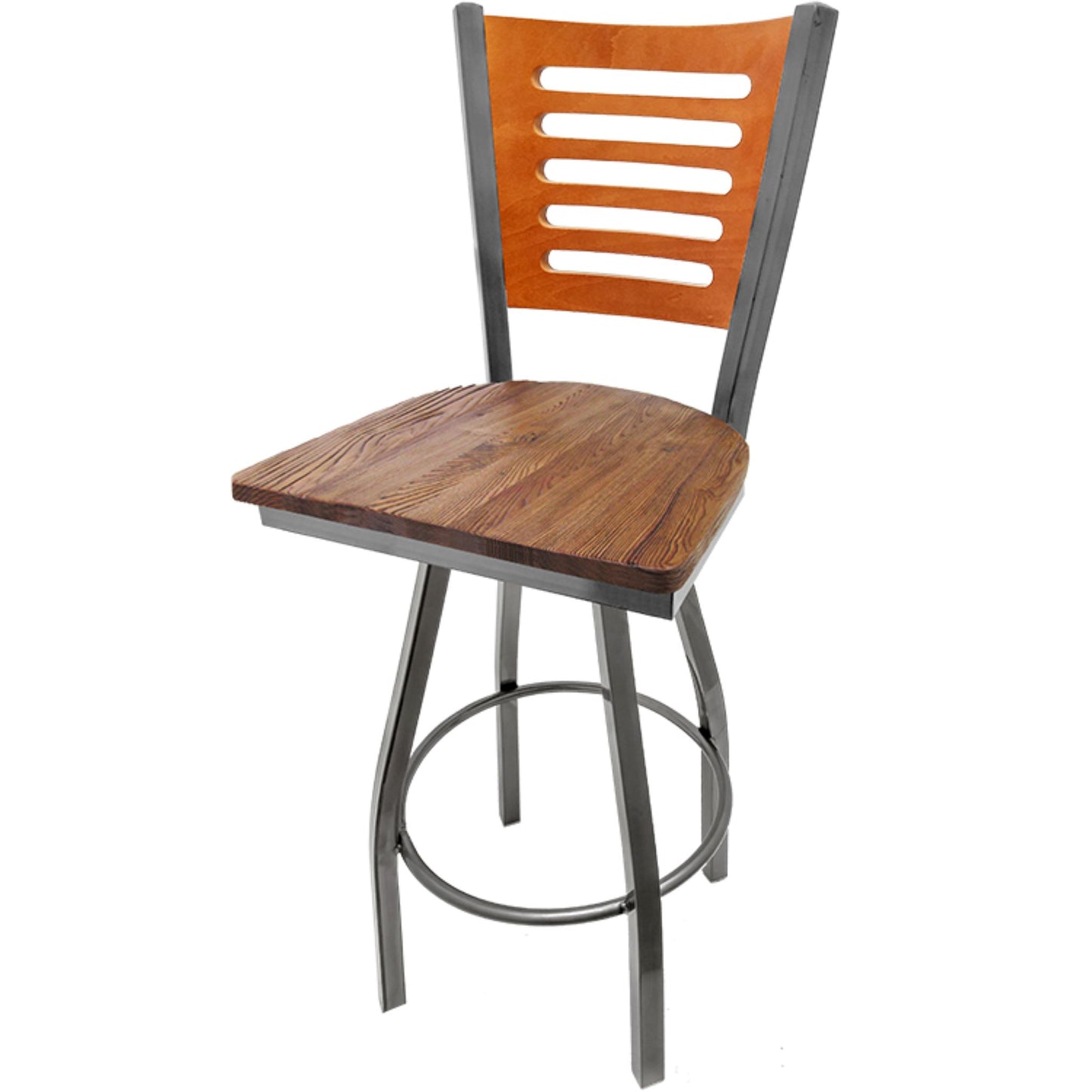 Cherry finish wood back barstool with reclaimed wood seat