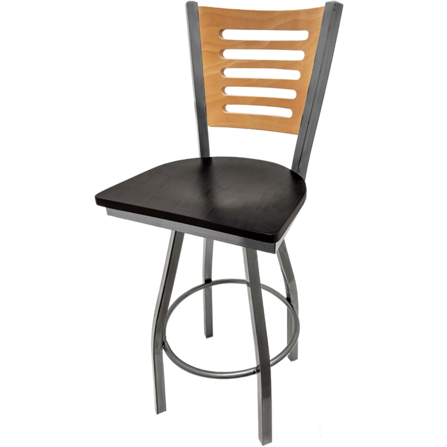 Clear coat wood back barstool with black stain wood seat