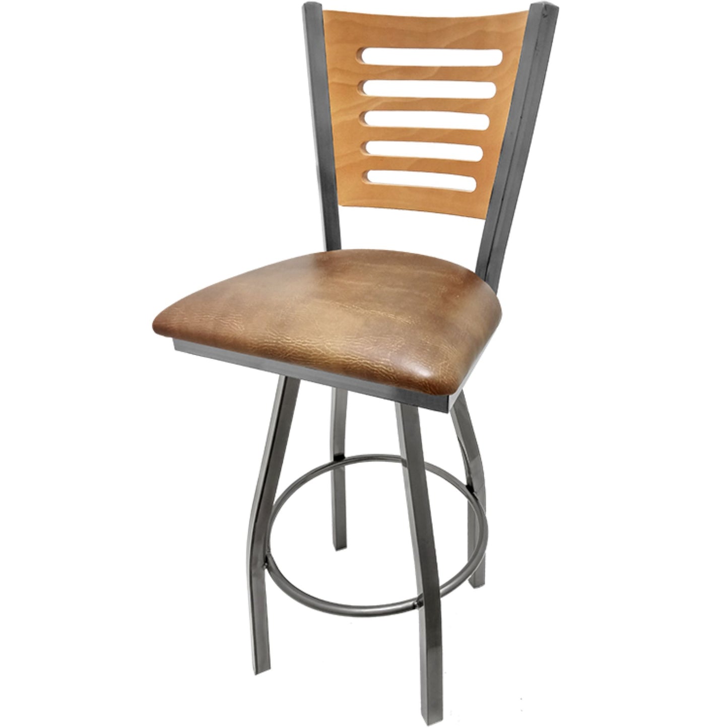 Clear coat wood back barstool with buckskin vinyl seat