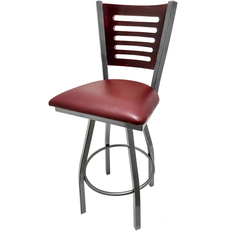 Mahogany finish wood back barstool with wine vinyl seat