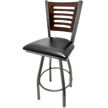 Walnut finish wood back barstool with black vinyl seat
