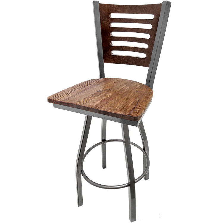 Walnut wood back barstool with reclaimed wood seat