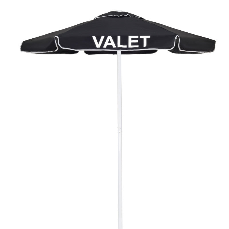 Black commercial valet umbrella featuring a 60-inch UV-resistant canopy and heavy-duty base for valet stations and outdoor check-in areas.