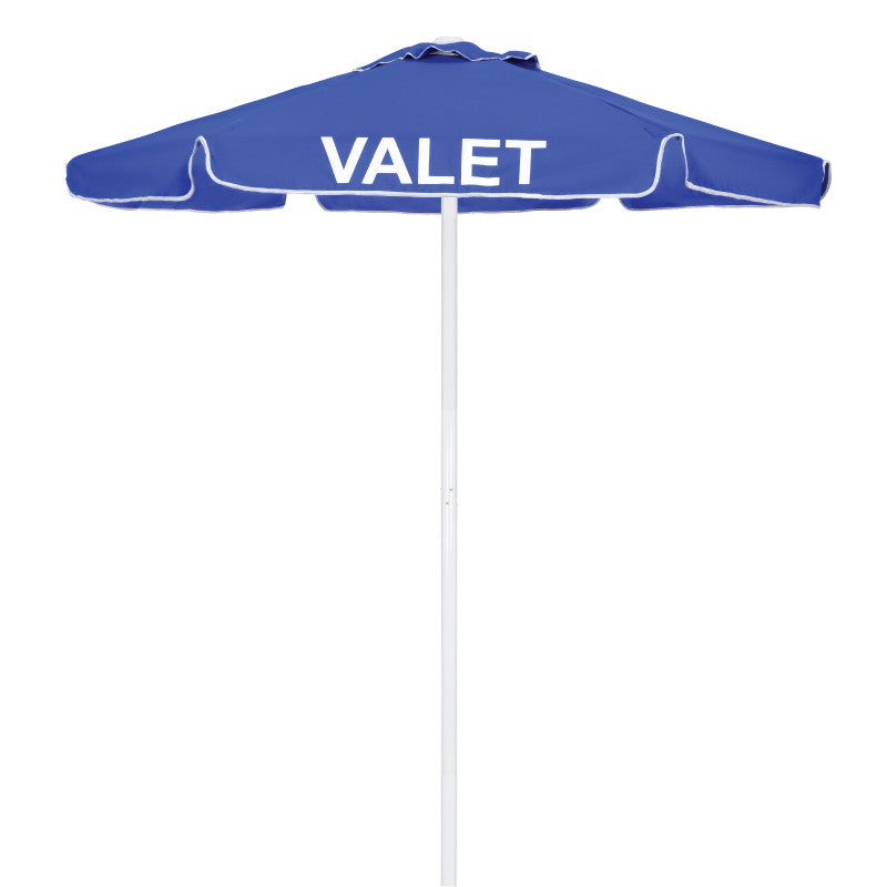 Blue commercial valet umbrella with a 60-inch outdoor canopy and tall pole, designed for valet stands, hospitality entrances, and guest service areas