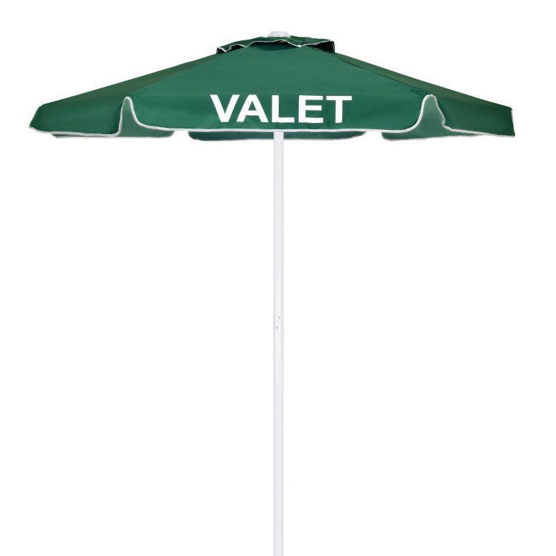 Green commercial valet umbrella featuring a UV-resistant 60-inch canopy and stable base for entrances, curbside pickup areas, and event venues.