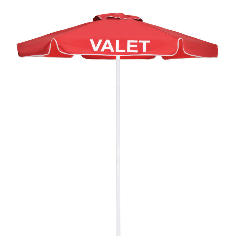 Red commercial valet umbrella with a durable 60-inch canopy and tall support pole, providing shade for hotels, restaurants, and valet podiums.