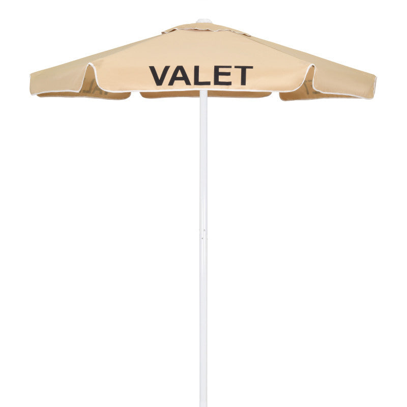 Tan commercial valet umbrella with a weather-resistant 60-inch canopy and sturdy base, ideal for valet stands and outdoor guest services.