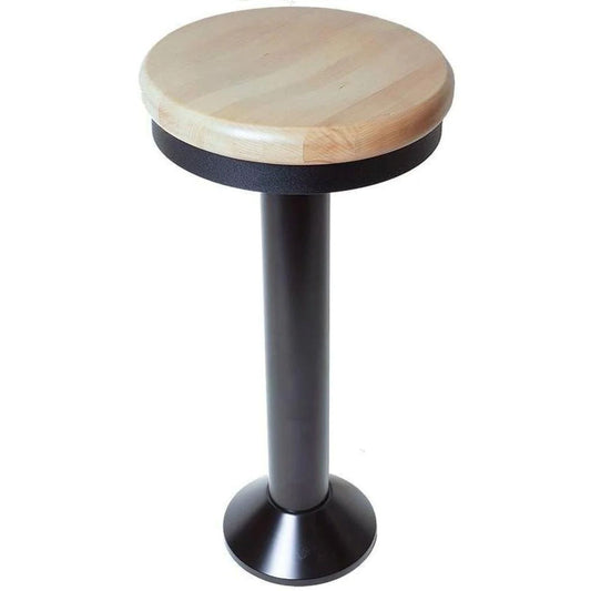 Floor-mounted counter stool with round wood seat and heavy-duty cast iron base