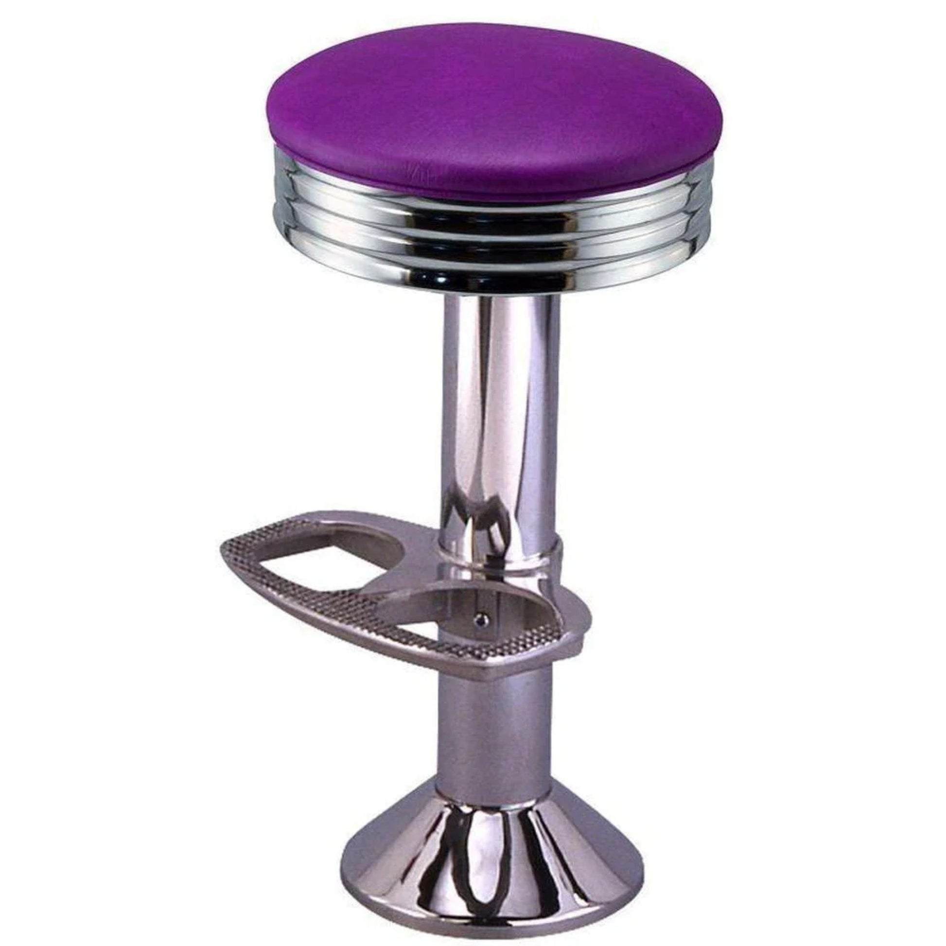 Retro chrome-pan floor-mounted counter stool with round swivel seat and customizable upholstery