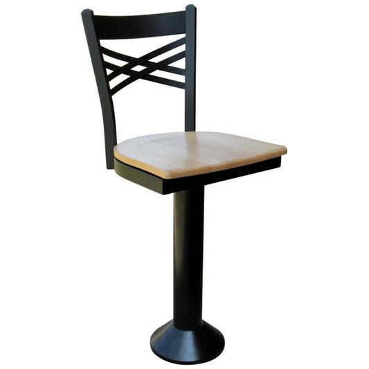 Floor-mounted counter stool with double-cross metal back, swivel seat, customizable upholstery or wood seat, and powder-coated frame