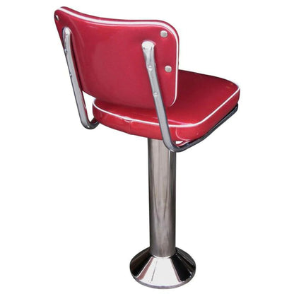 Floor-mounted counter stool shown from the back, featuring a retro-style backrest with welded support posts and a fixed cast iron base.