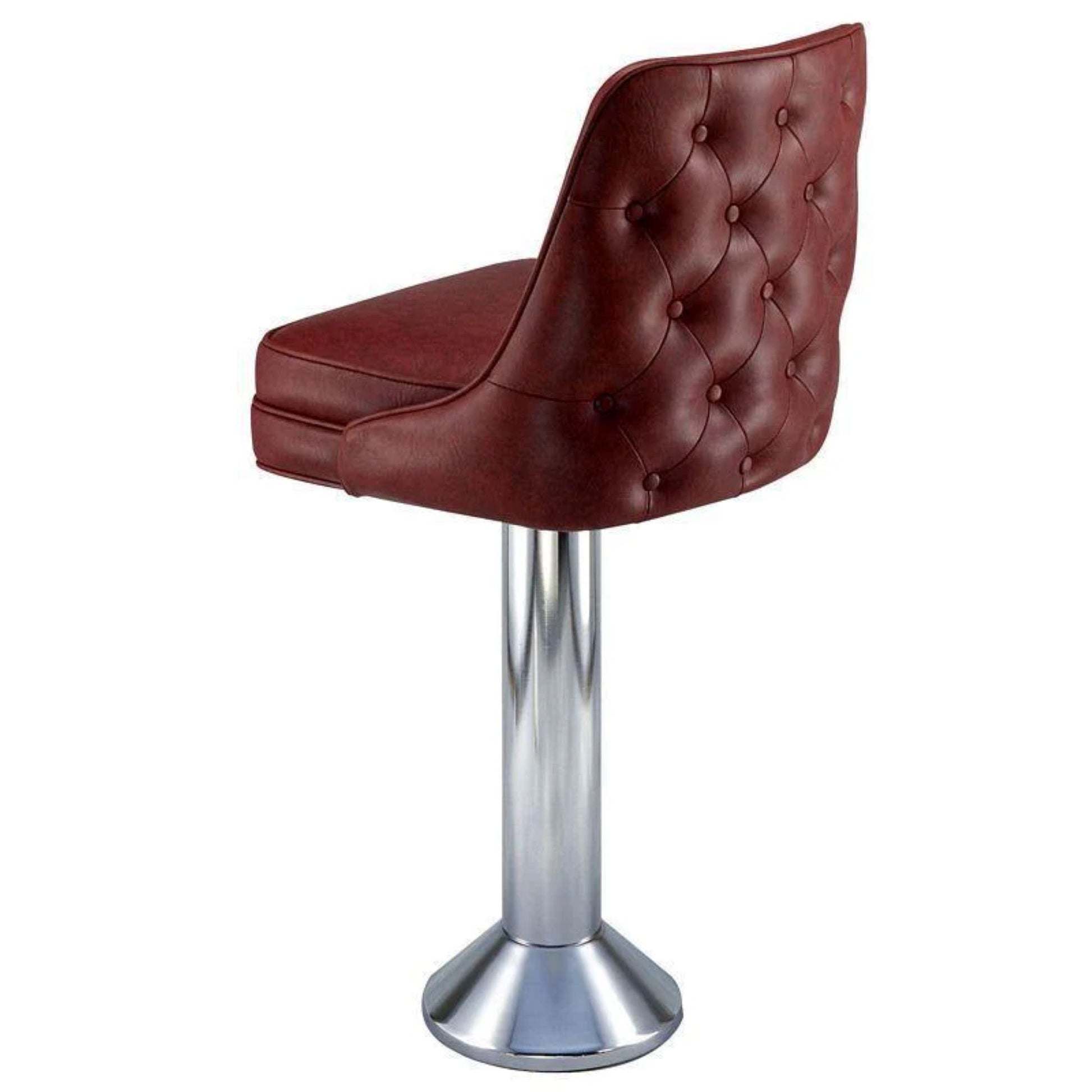 Floor-mounted counter stool with diamond-tufted backrest and padded swivel bucket seat on a fixed cast iron base.