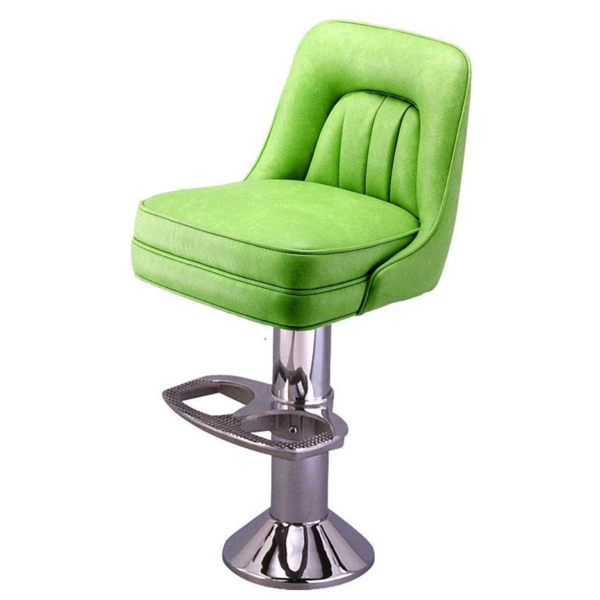Floor-mounted counter stool with vertical-channeled backrest and padded swivel bucket seat on a cast iron base.