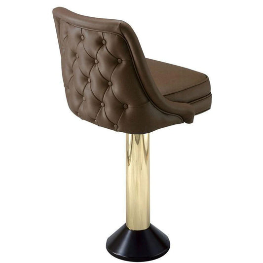 Floor-mounted counter stool with button-tufted swivel bucket seat, rolled edges, aluminum back supports, and customizable height.