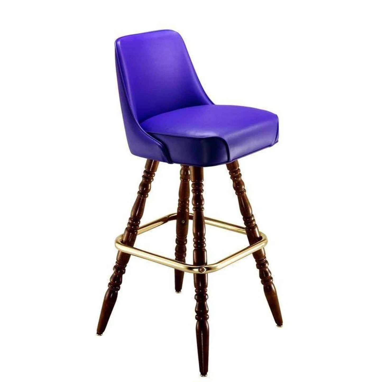 Commercial bar stool with decorative wood leg base and padded seat