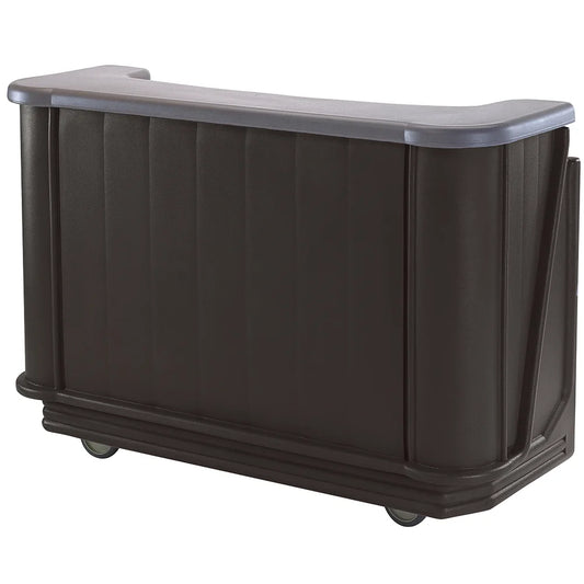 Black portable bar with granite-style countertop, built-in ice sink, and swivel casters.