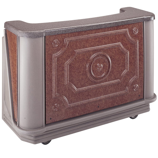 Mid-size Carmel portable bar with decorative front panels, fiberglass-style countertop, and integrated storage features.