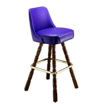 bar stool with decorative wood legs and upholstered seat