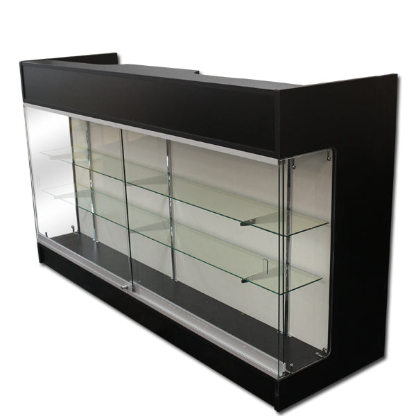 Black reception desk with glass front panel on a white background