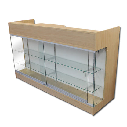 maple six foot ledge top checkout counter with glass display front.
