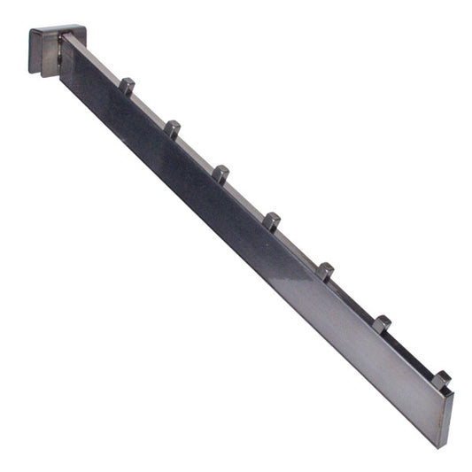Front view of a 7-cube waterfall display arm designed for rectangular tubing, showing evenly spaced cubes for hanging apparel face-forward on retail racks in restaurants, cafés, boutiques, and hospitality spaces.
