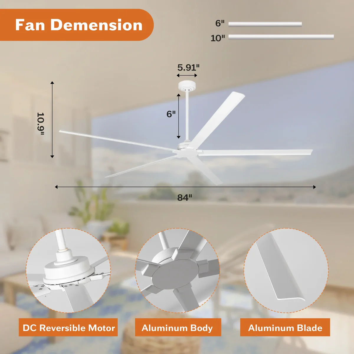 Large white outdoor ceiling fan with downrod mount and sleek industrial design