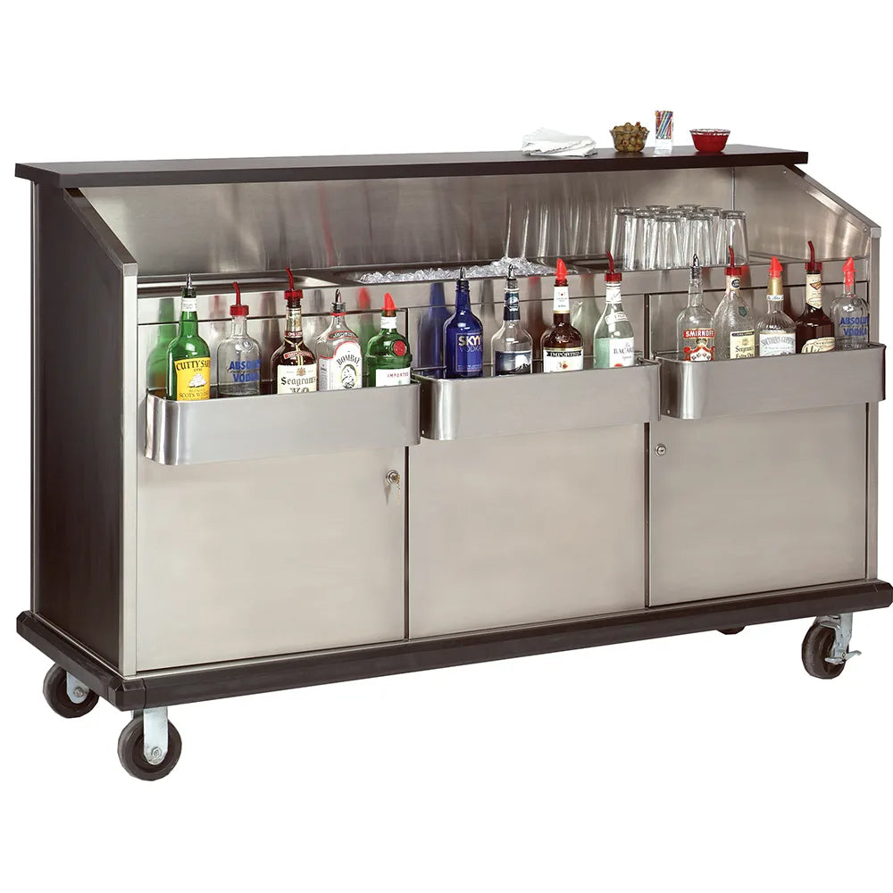 72-inch portable bar with black laminate front, stainless steel interior, and swivel casters