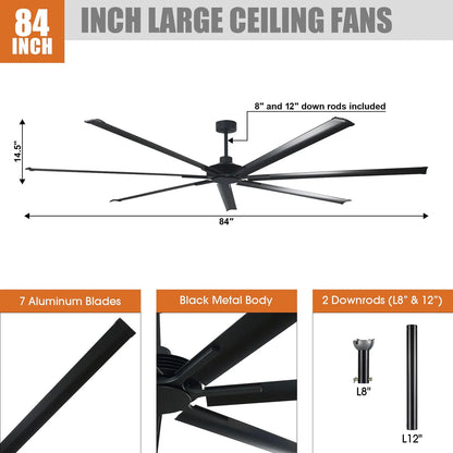 Large matte black ceiling fan with six-speed remote and downrod mount for open commercial interiors mounting measurements