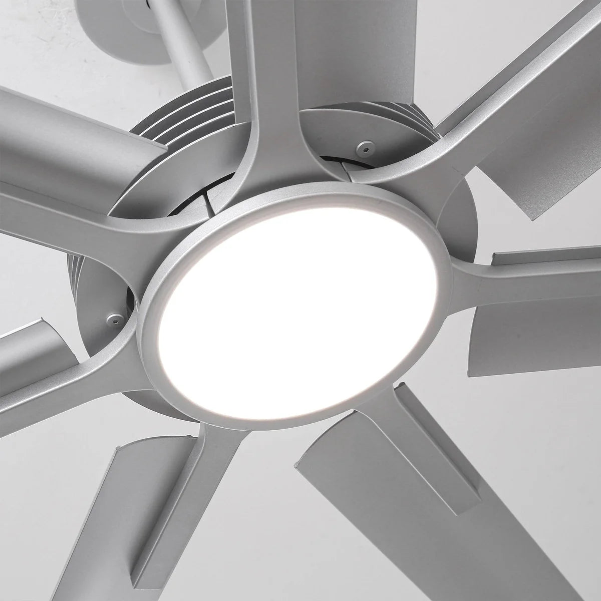 Brushed silver ceiling fan with integrated LED light and quiet DC motor for large open spaces
