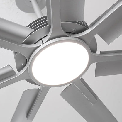 Brushed silver ceiling fan with integrated LED light and quiet DC motor for large open spaces