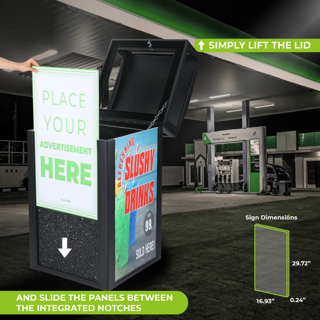 Grey stone trash container with signage display and secure locking system