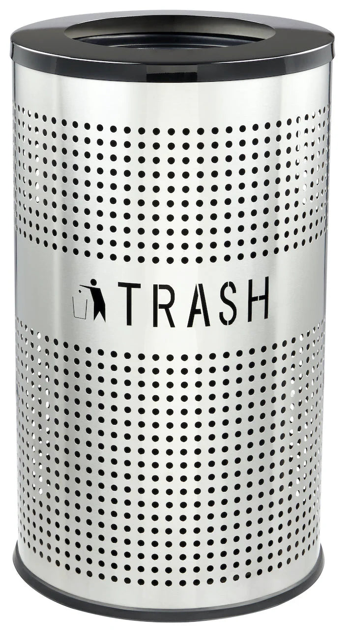 26-gallon stainless steel commercial trash can with cylindrical body, open-top design, and brushed metal finish.