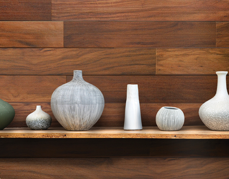 Restaurant interior featuring acacia wood wall panels for a warm natural aesthetic