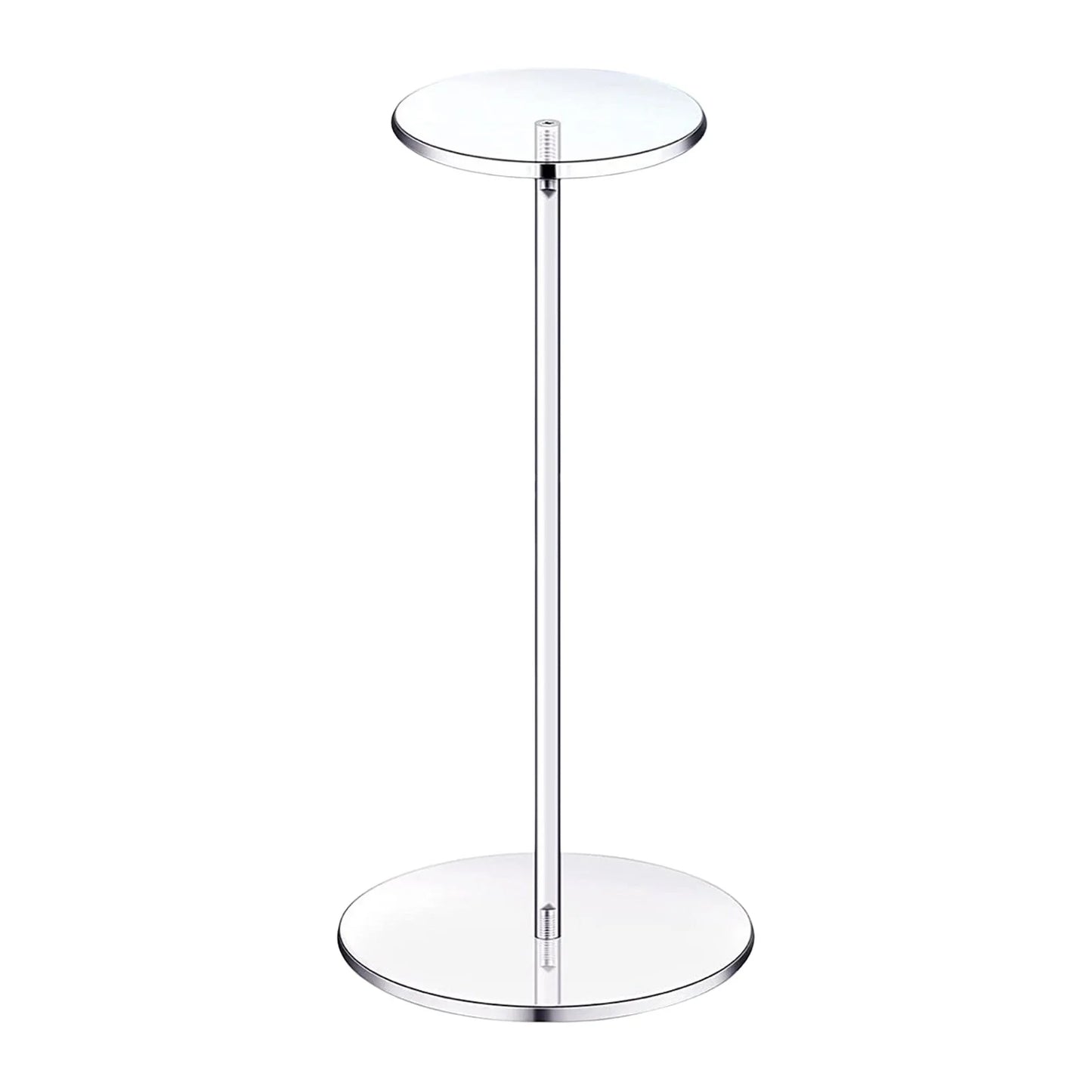 Clear acrylic countertop hat display stand with a round base and vertical post.