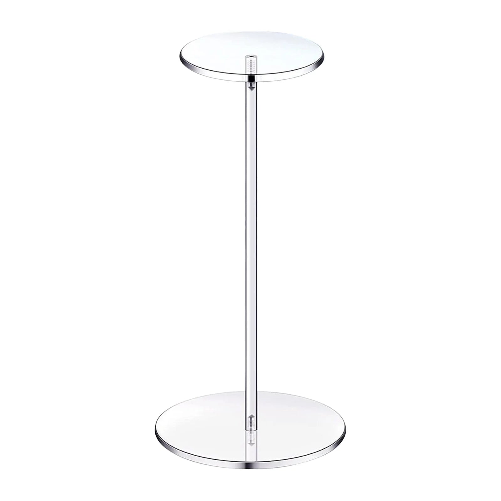 Clear acrylic countertop hat display stand with a round base and vertical post.