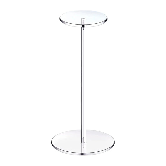 Clear acrylic countertop hat display stand with a round base and vertical post.