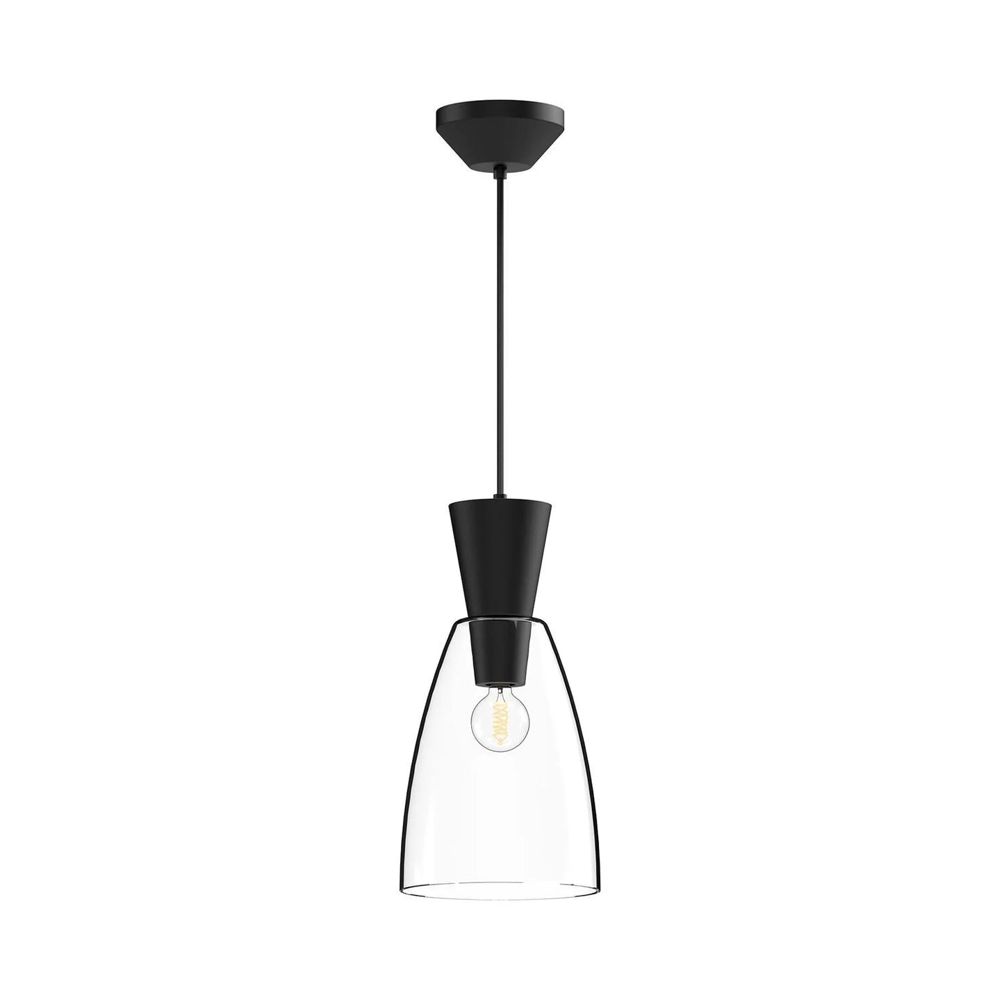 Arlo 7-inch mini pendant light with a clear glass shade and black metal hardware, designed for bar and restaurant ceiling lighting.
