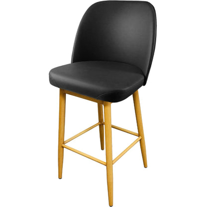 Amata barstool with standard bucket, natural clear-coat frame and black vinyl seat
