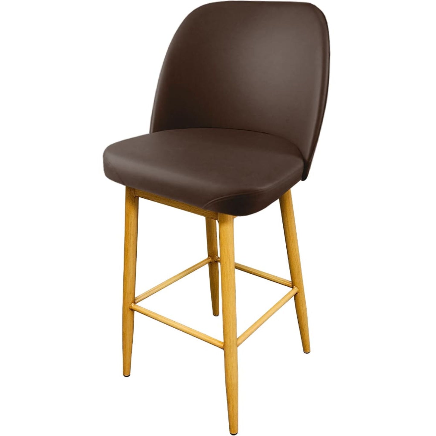 Amata barstool with standard bucket, natural clear-coat frame and espresso vinyl seat