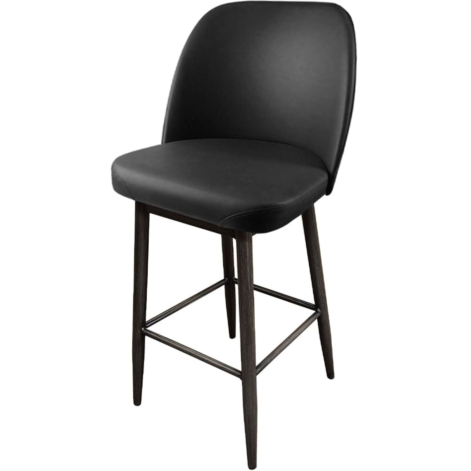 Amata barstool with standard bucket, driftwood frame and black vinyl seat
