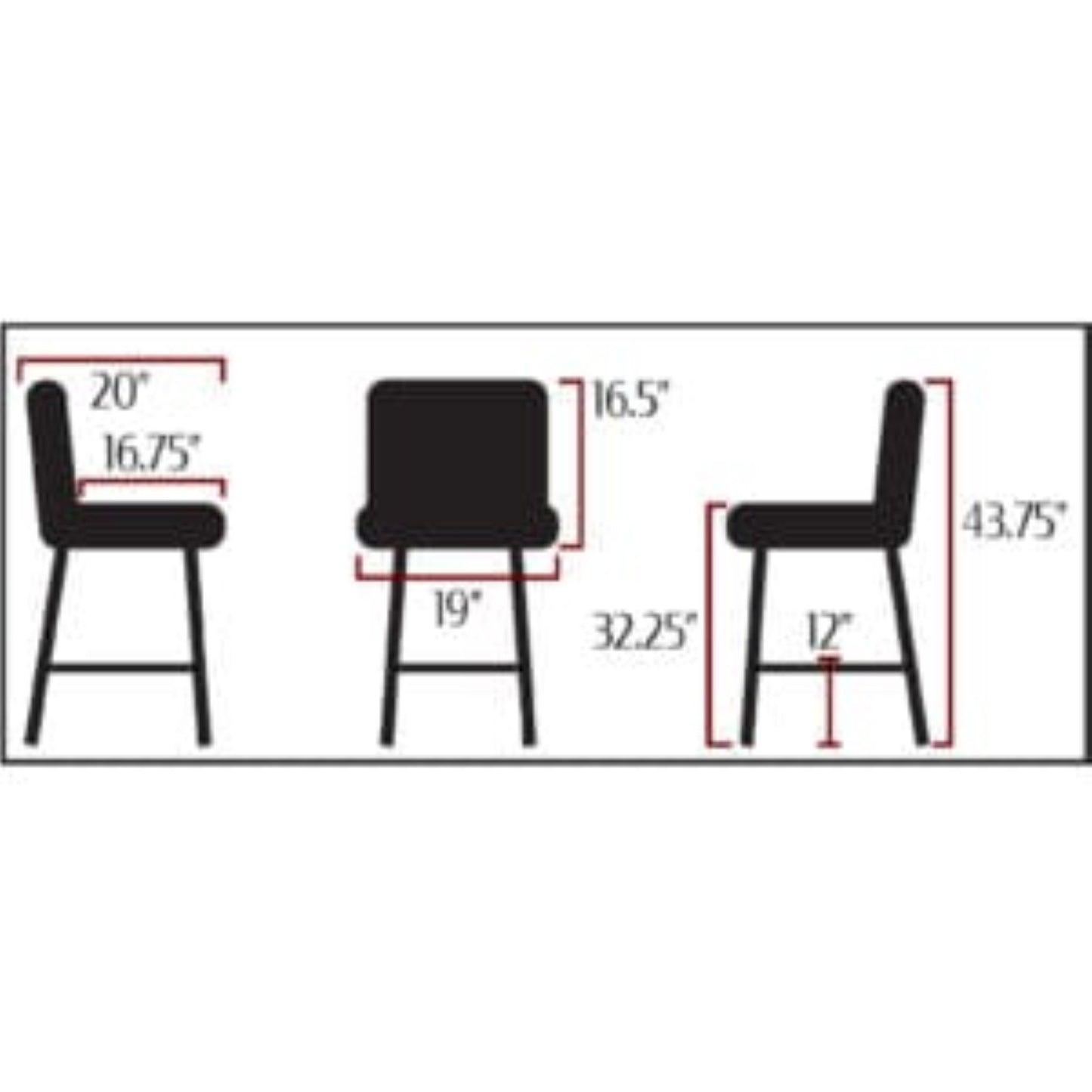 Amata barstool with standard bucket, natural clear-coat frame and black vinyl seat dimensions