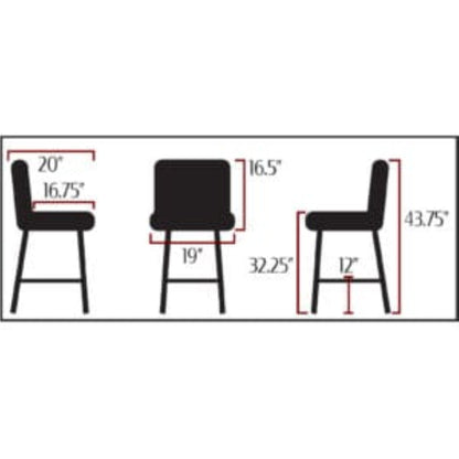 Amata barstool with standard bucket, natural clear-coat frame and black vinyl seat dimensions
