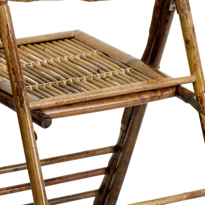 Back view of bamboo folding chair with curved bamboo slats and smooth glossy finish.