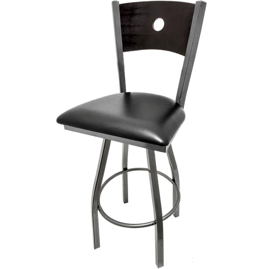 Bullseye wood back barstool with clear coat swivel frame, black back and black vinyl seat