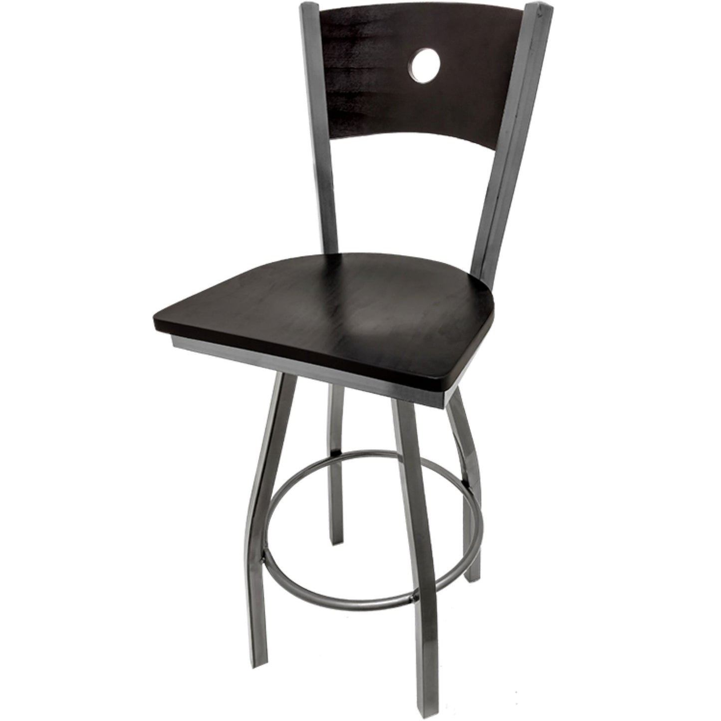 Bullseye wood back barstool with clear coat swivel frame, black back and black stain wood seat