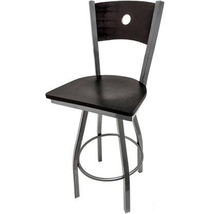 Bullseye wood back barstool with clear coat swivel frame, black back and black stain wood seat